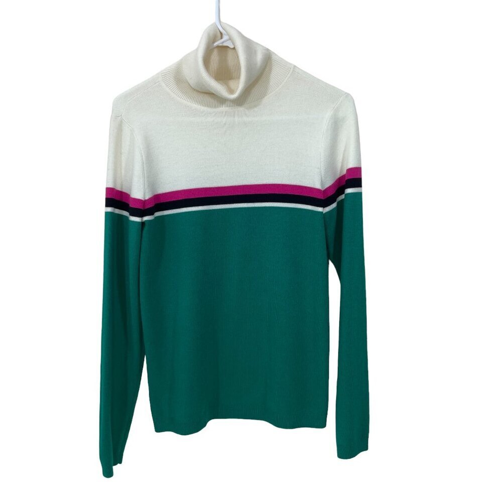 1901 Women's Size M Turtleneck Sweater‎ Merino Wool Blend Color Block Green Pink